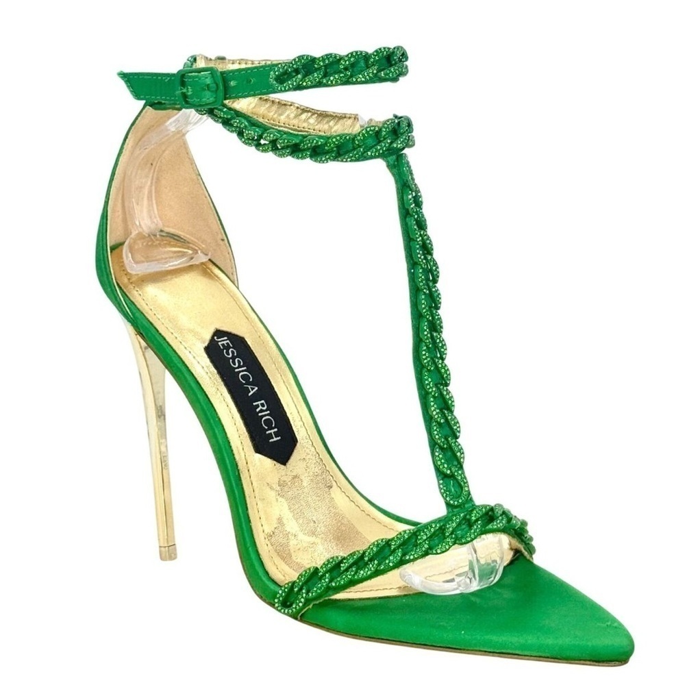 Jessica Rich Green Gold Luxe Embellished Chain T-Strap Stiletto Heels Size 7